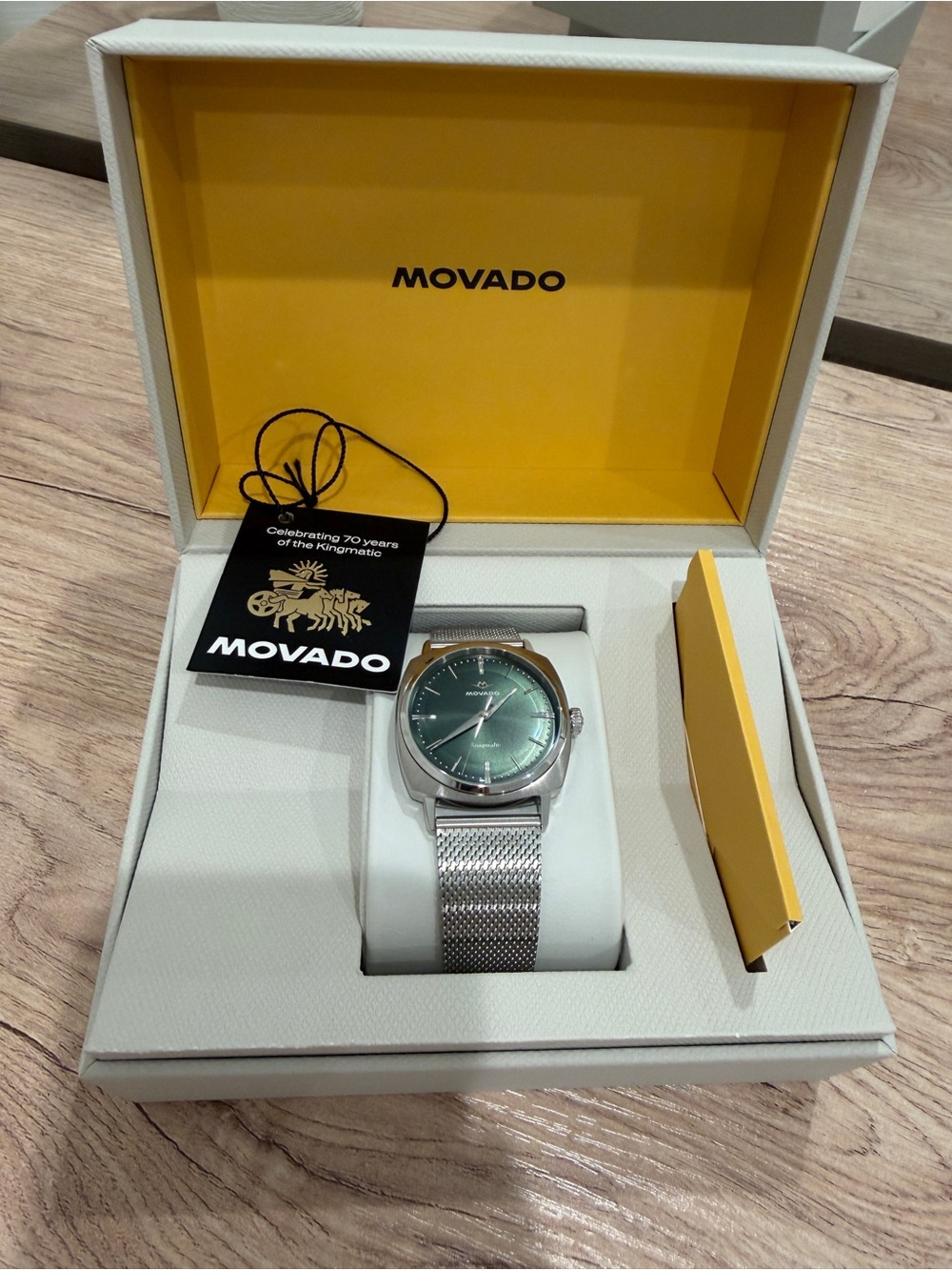 Movado Silver Watch with Green Dial and Mesh Bracelet
